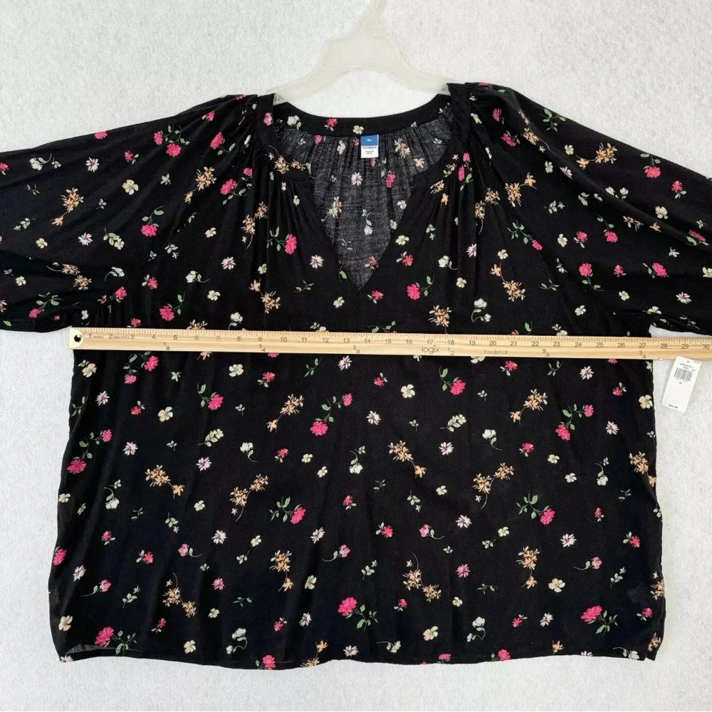 Old Navy Blouse Top Womens XL Black Multicolored Floral Poet Oversized Relax - Picture 12 of 15